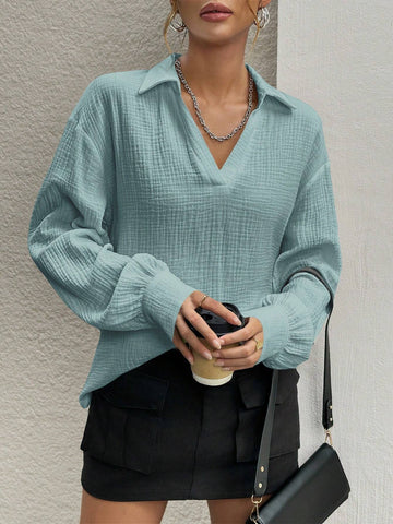 Essnce Solid Color Collar Casual Woven Long Sleeve Shirt