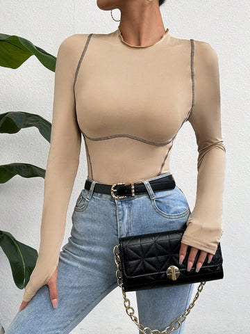 Solid Color Contrast Binding Bodysuit With Rolled Edge