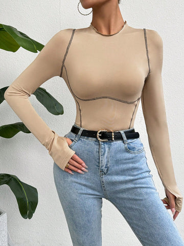 Solid Color Contrast Binding Bodysuit With Rolled Edge