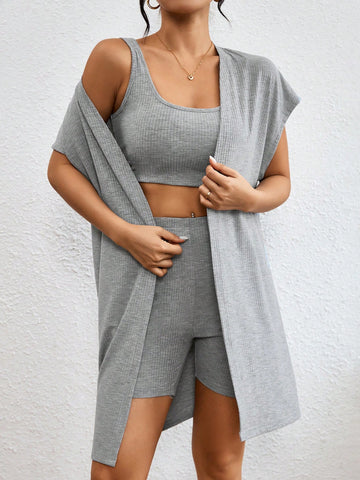 Solid Color Crop Top, Shorts, And Cardigan Set With Round Neckline
