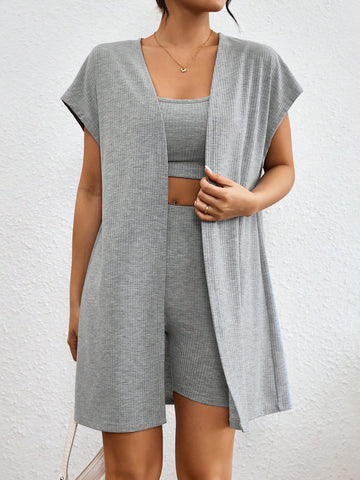 Solid Color Crop Top, Shorts, And Cardigan Set With Round Neckline