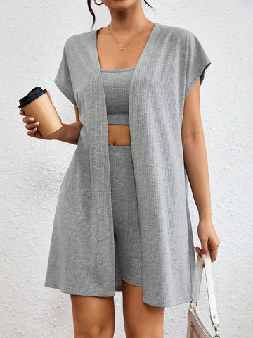 Solid Color Crop Top, Shorts, And Cardigan Set With Round Neckline