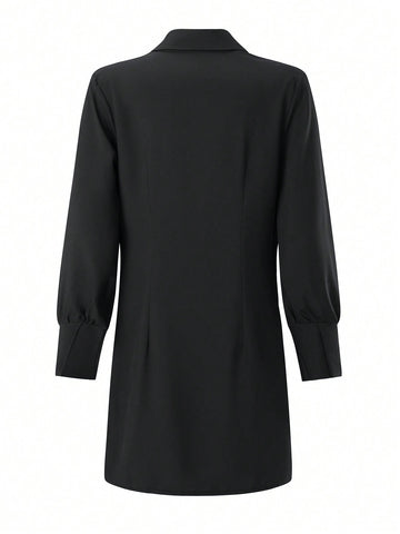 Solid Color Draped Collar Long Sleeve Dress