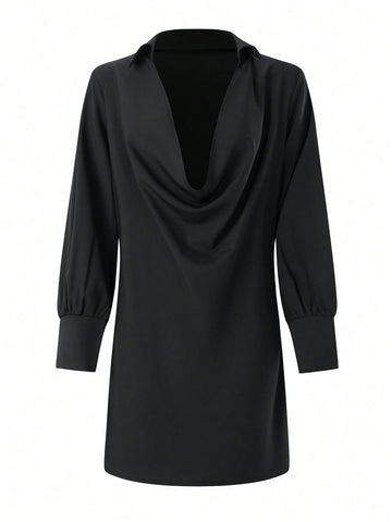 Solid Color Draped Collar Long Sleeve Dress