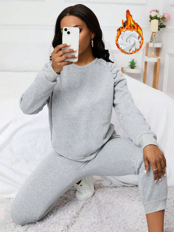 Solid Color Fleece Lined Two Piece Set