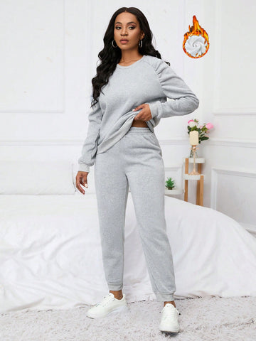 Solid Color Fleece Lined Two Piece Set