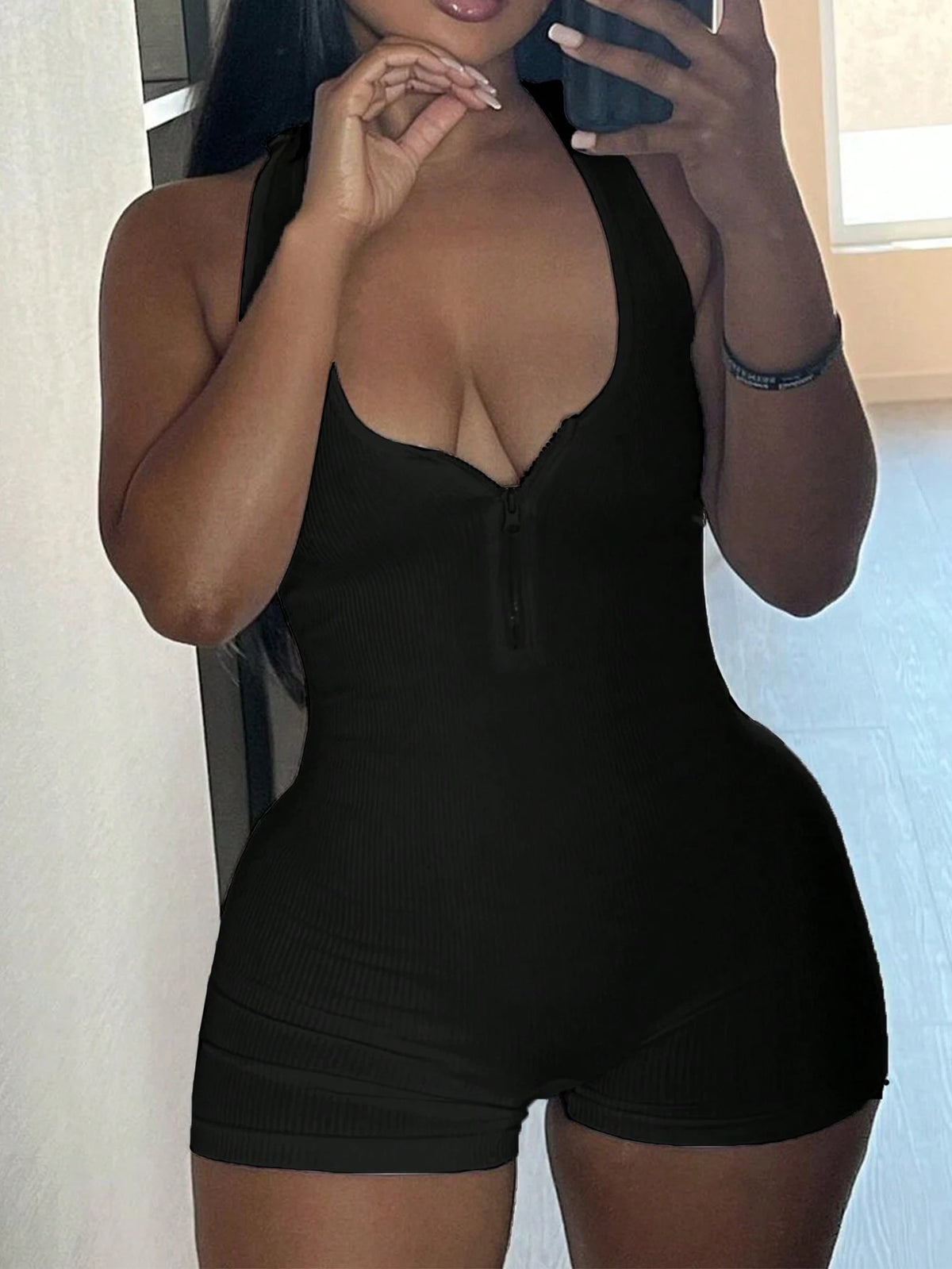 Solid Color Half Zipper Sleeveless Bodysuit With Tight Fit