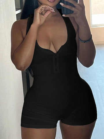 Solid Color Half Zipper Sleeveless Bodysuit With Tight Fit