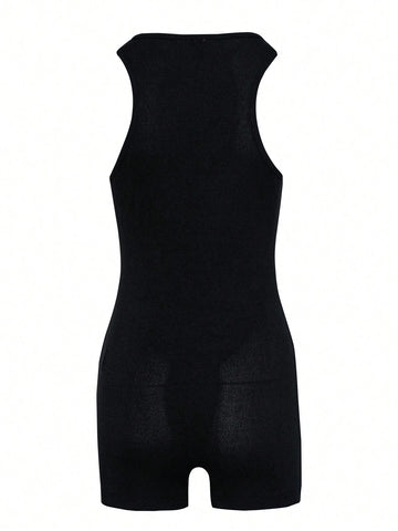 Solid Color Half Zipper Sleeveless Bodysuit With Tight Fit
