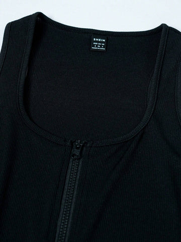 Solid Color Half Zipper Sleeveless Bodysuit With Tight Fit
