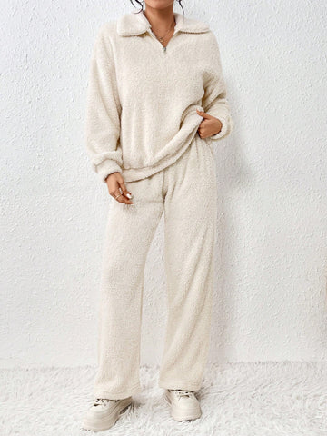 Solid Color Half Zipper Top & Pants Set