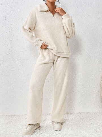 Solid Color Half Zipper Top & Pants Set