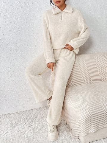 Solid Color Half Zipper Top & Pants Set