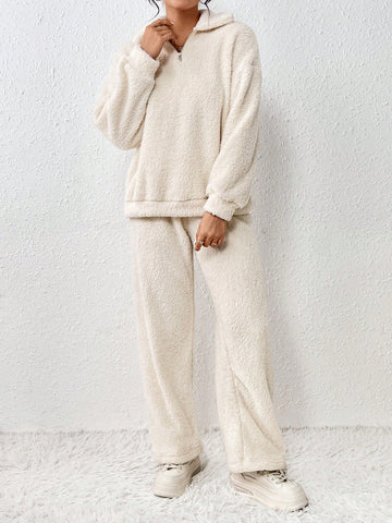 Solid Color Half Zipper Top & Pants Set