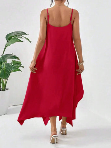 Solid Color Hanky Hem Spaghetti Strap Dress