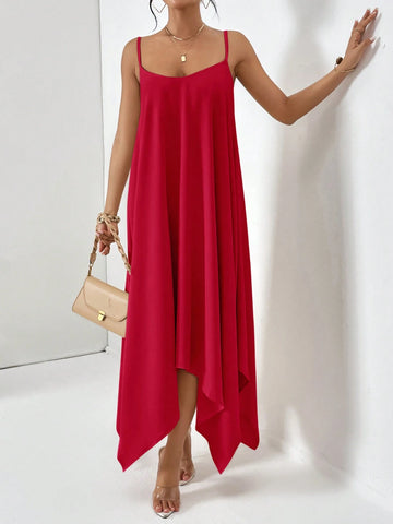 Solid Color Hanky Hem Spaghetti Strap Dress