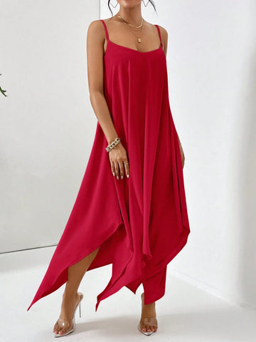 Solid Color Hanky Hem Spaghetti Strap Dress