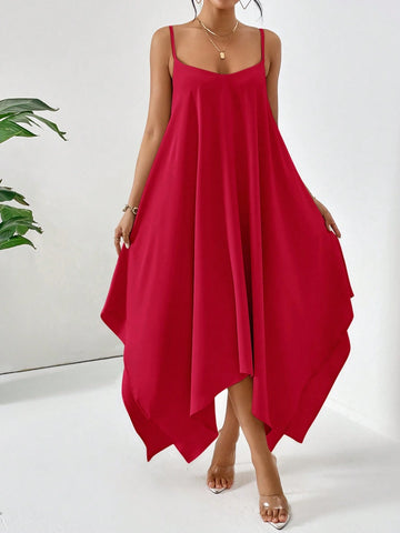 Solid Color Hanky Hem Spaghetti Strap Dress