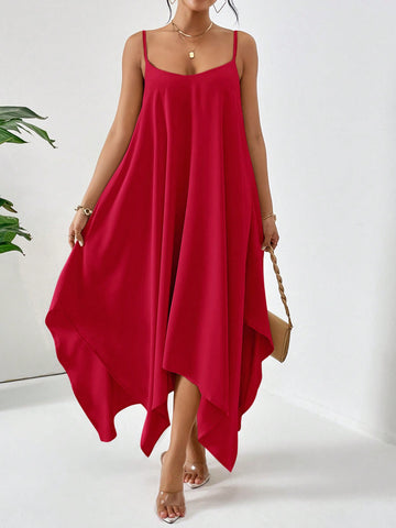 Solid Color Hanky Hem Spaghetti Strap Dress