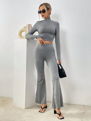 Solid Color High Neck Casual Long Sleeve Two-Piece Set