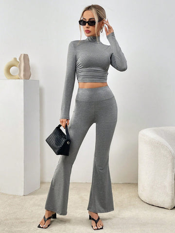 Solid Color High Neck Casual Long Sleeve Two-Piece Set