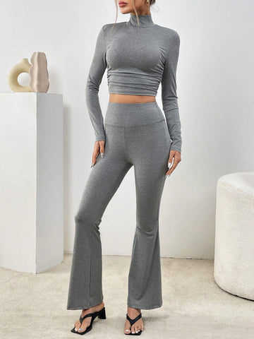 Solid Color High Neck Casual Long Sleeve Two-Piece Set