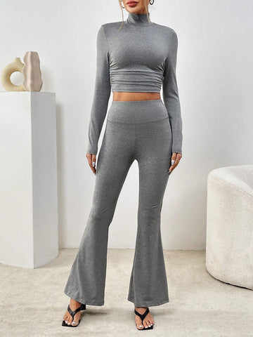 Solid Color High Neck Casual Long Sleeve Two-Piece Set