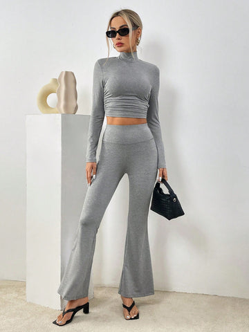 Solid Color High Neck Casual Long Sleeve Two-Piece Set