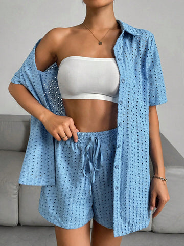 Solid Color Hollow Out Embroidered Outfit/Set