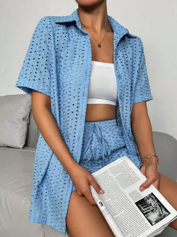 Solid Color Hollow Out Embroidered Outfit/Set