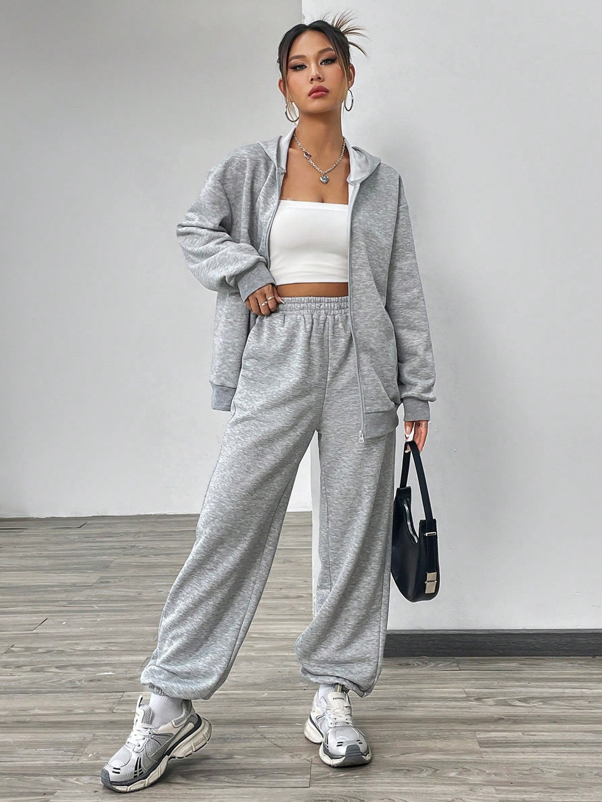 Solid Color Hooded Sweatshirt And Pants Suit