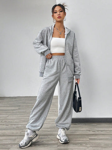 Solid Color Hooded Sweatshirt And Pants Suit