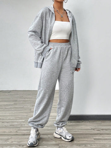 Solid Color Hooded Sweatshirt And Pants Suit
