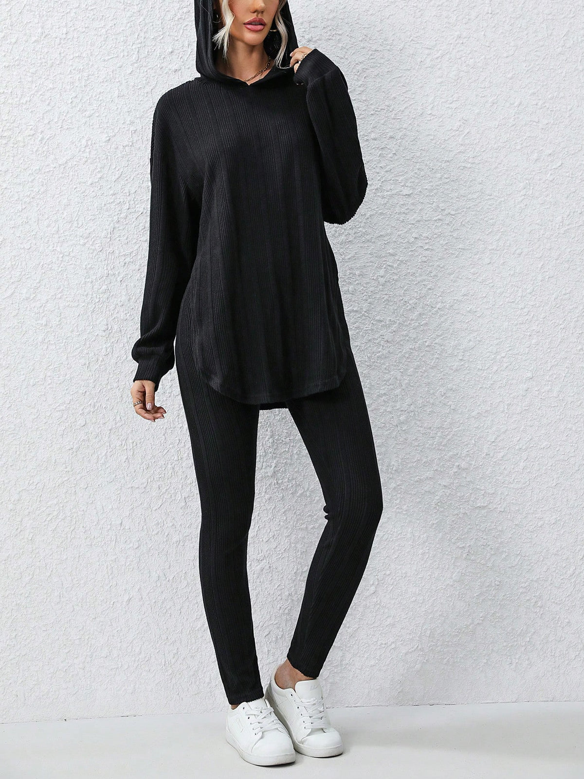 Solid Color Irregular Hem Hooded Casual 2pcs Outfit
