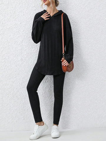 Solid Color Irregular Hem Hooded Casual 2pcs Outfit