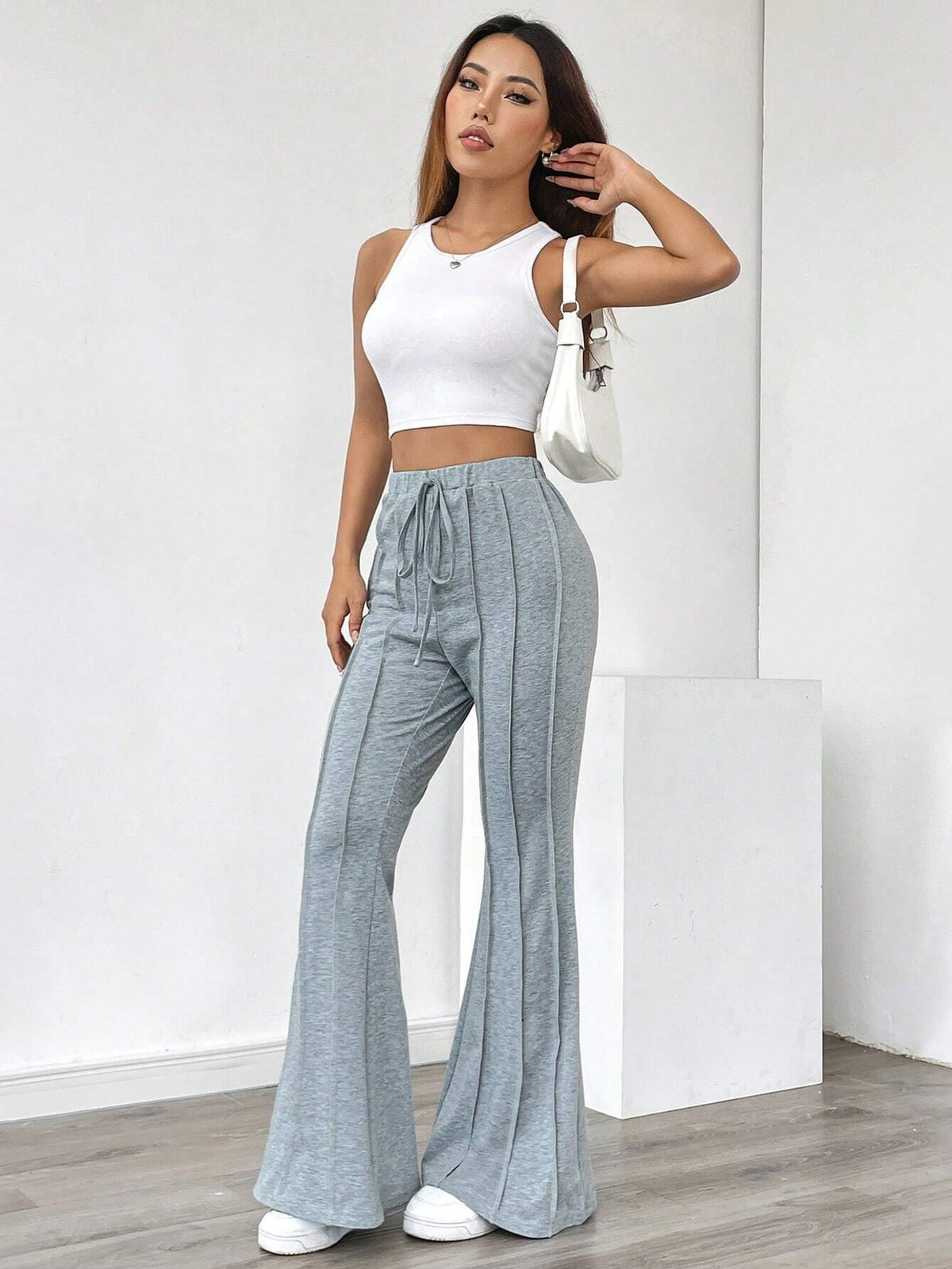 Essnce Solid Color Knotted Casual Flared Leg Pants