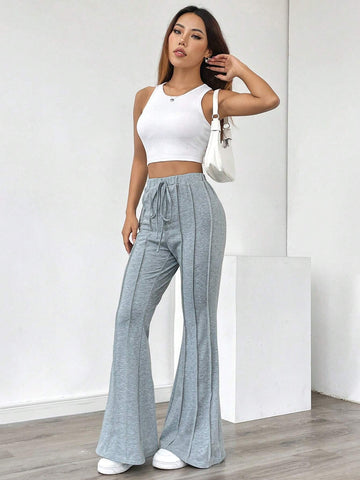 Essnce Solid Color Knotted Casual Flared Leg Pants