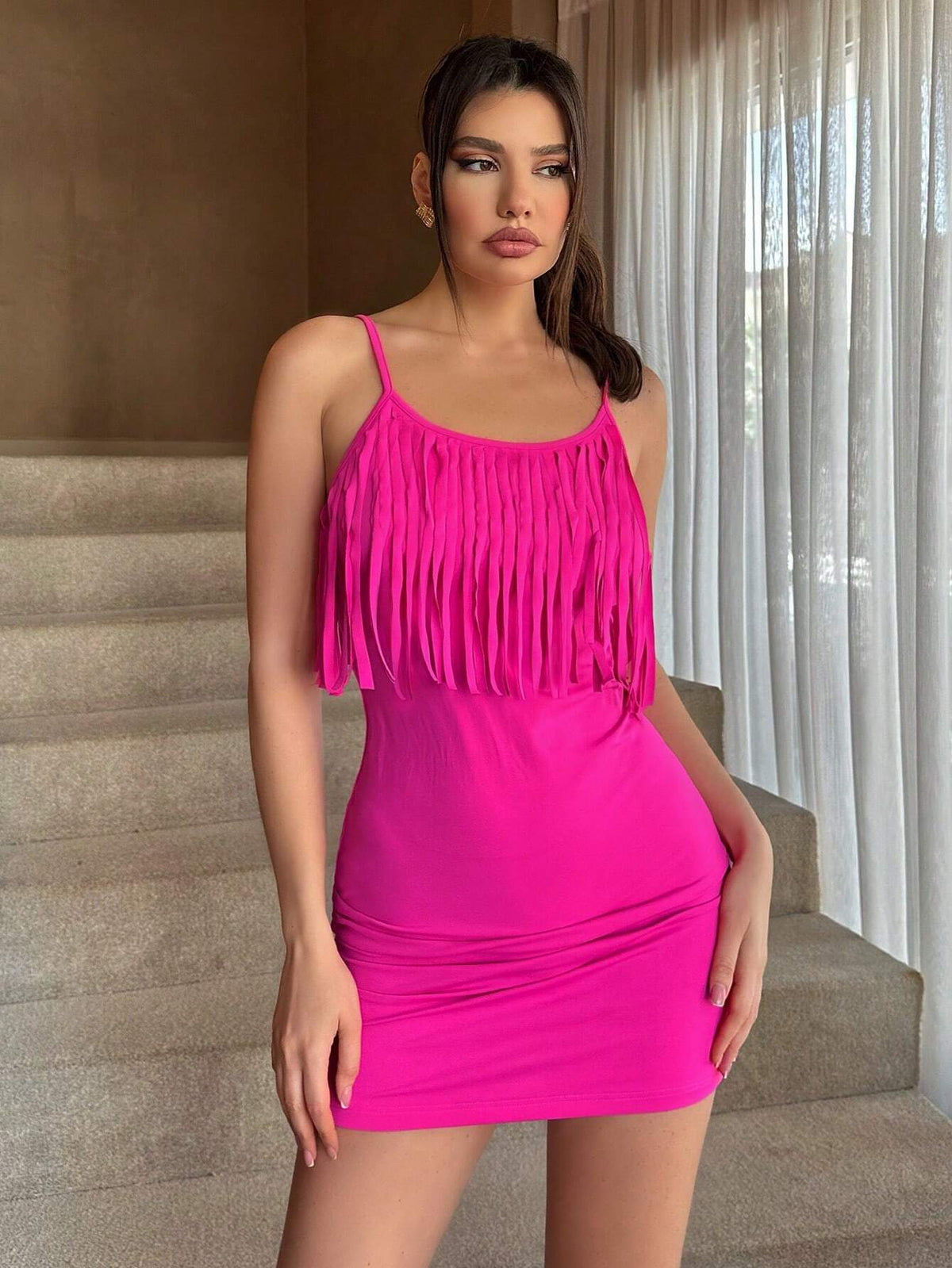 Solid Color Long Tassel Spaghetti Strap Dress