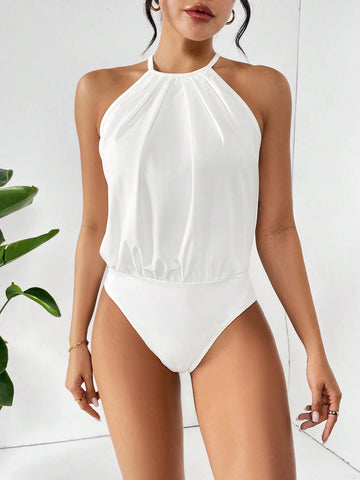 Solid Color Loose Fit Halter Neck Sleeveless Bodysuit For Casual Wear