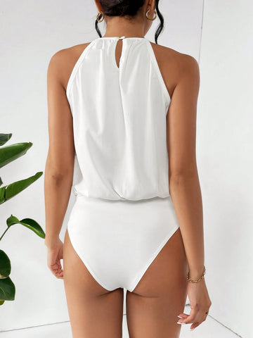 Solid Color Loose Fit Halter Neck Sleeveless Bodysuit For Casual Wear