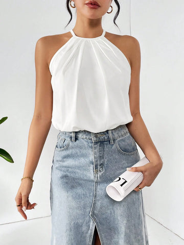 Solid Color Loose Fit Halter Neck Sleeveless Bodysuit For Casual Wear