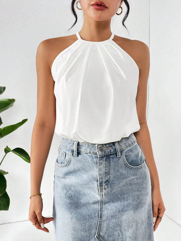 Solid Color Loose Fit Halter Neck Sleeveless Bodysuit For Casual Wear