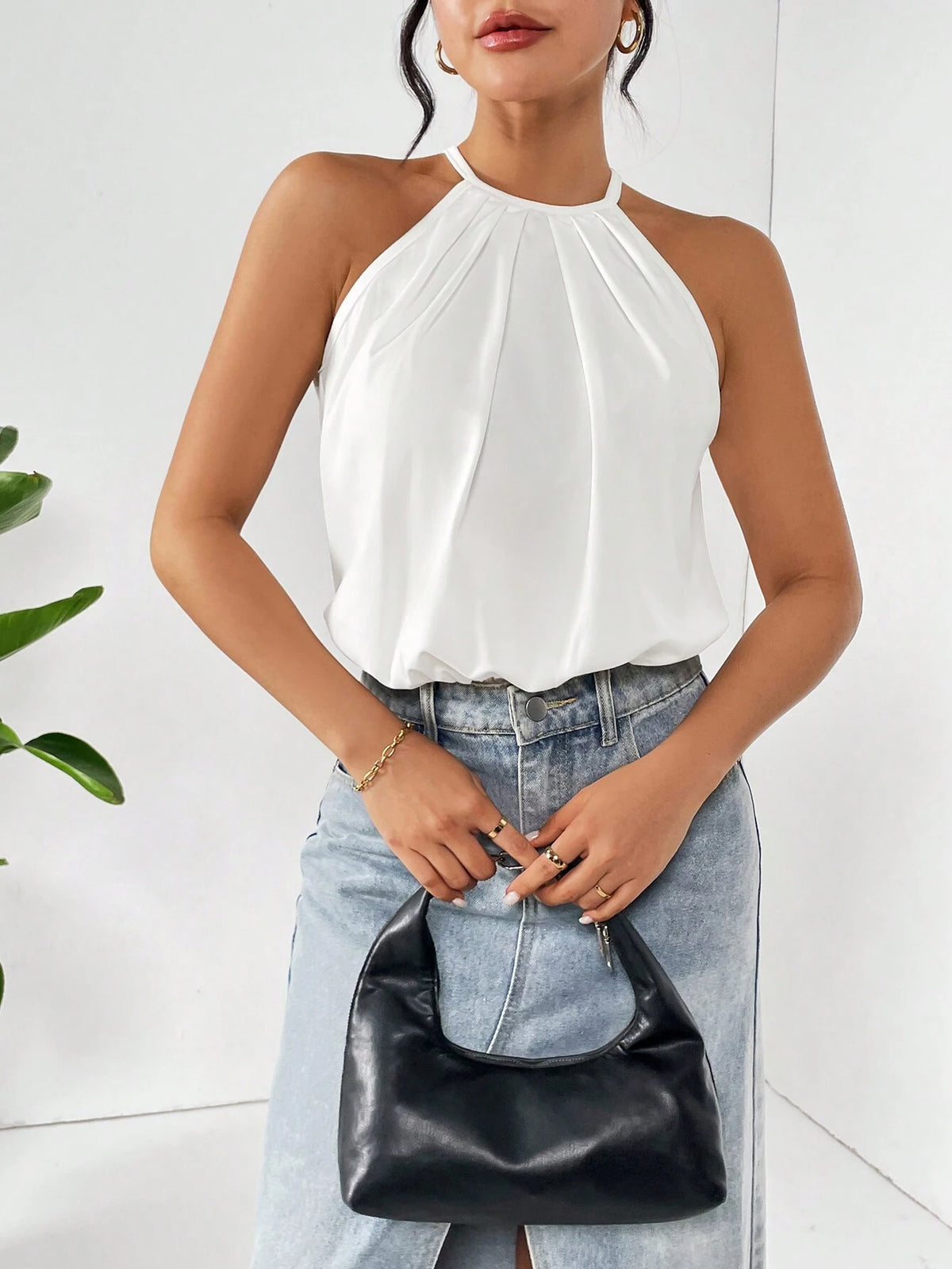 Solid Color Loose Fit Halter Neck Sleeveless Bodysuit For Casual Wear