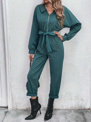 Solid Color Loose Zip-up Jumpsuit With Waist Belt