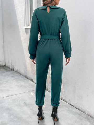 Solid Color Loose Zip-up Jumpsuit With Waist Belt