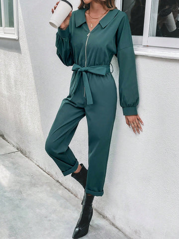 Solid Color Loose Zip-up Jumpsuit With Waist Belt