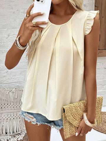 Essnce Solid Color Pleated Cap Sleeve Shirt, Ideal For Vacation And Leisure