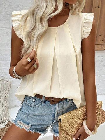 Essnce Solid Color Pleated Cap Sleeve Shirt, Ideal For Vacation And Leisure