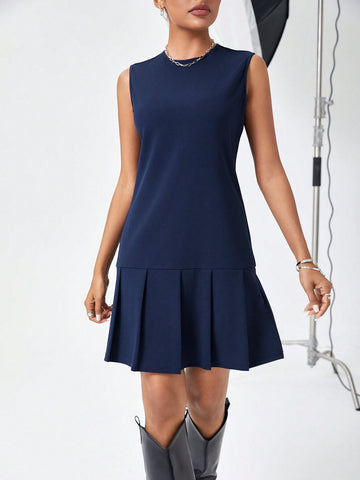 Solid Color Pleated Hem Sleeveless Spring Dress