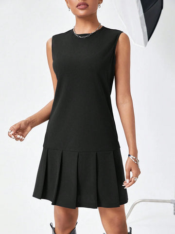 Solid Color Pleated Hem Sleeveless Spring Dress